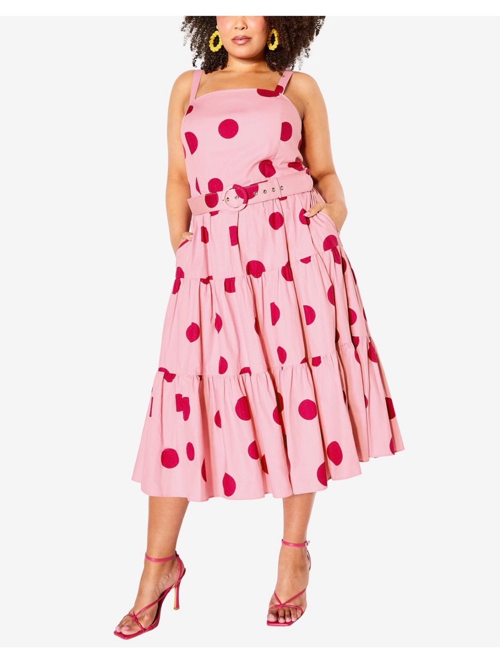 City Chic Pink Polka Dot Tiered Midi Dress with Belt Size 18